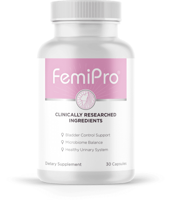 White bottle of FemiPro dietary supplement with a pink label. The label states ‘Clinically Researched Ingredients’ and lists benefits: bladder control support, microbiome balance, and healthy urinary system. The bottle contains 30 capsules.