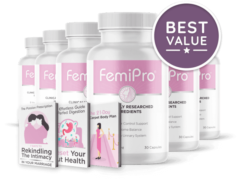 Six FemiPro supplement bottles arranged in a group, with a purple badge labeled ‘Best Value’ in the upper right. In front of the bottles are three bonus ebook covers titled ‘7 Days to Rekindling the Intimacy in Your Marriage,’ ‘Effortless Guide to Perfect Digestion,’ and ‘The 21-Day Carpet Body Plan.